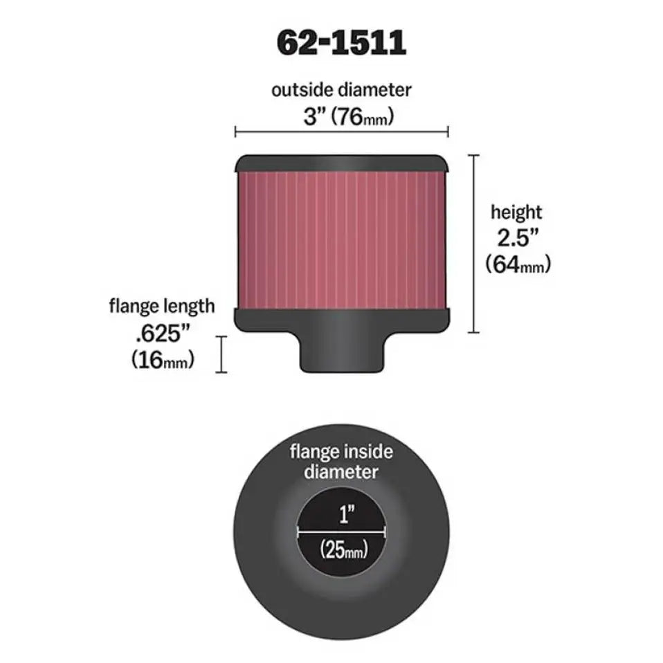 K&N 62-1511 K&N 1in Flange ID x 3in OD x 2.5in Height Clamp On Crankcase Vent Filter