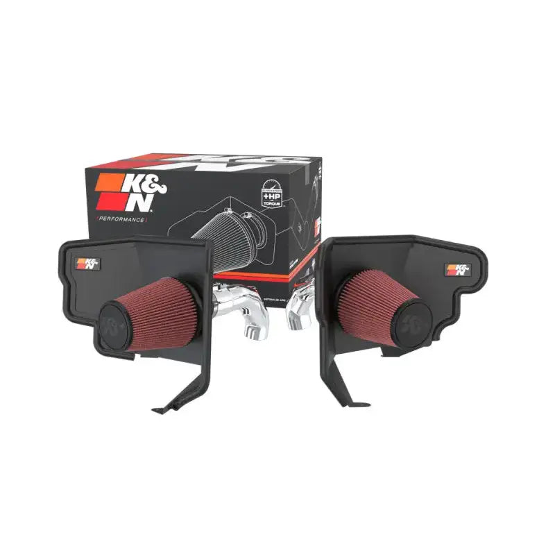 K&N 2022 Toyota Tundra V6-3.5L Performance Air Intake System with custom heat shields and High-Flow Air Filters displaying the K&N box in the background.
