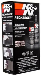 K&N Aerosol Oil Recharger Service Kit for cleaning and recharging K&N air filters, featuring a 6.5 ounce aerosol can of oil and 12 ounce bottle of K&N Power Kleen air filter cleaner.