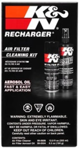 K&N Aerosol Oil Recharger Service Kit, includes air filter cleaner and oil for restoring K&N oiled cotton air filters, ensuring efficient airflow and like-new performance.