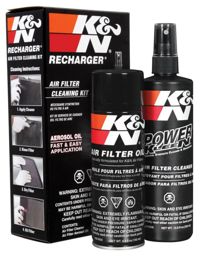 K&N Aerosol Oil Recharger Service Kit with K&N Power Kleen air filter cleaner and K&N air filter oil in black packaging.