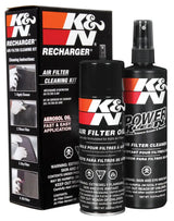 K&N Aerosol Oil Recharger Service Kit with K&N Power Kleen air filter cleaner and K&N air filter oil in black packaging.