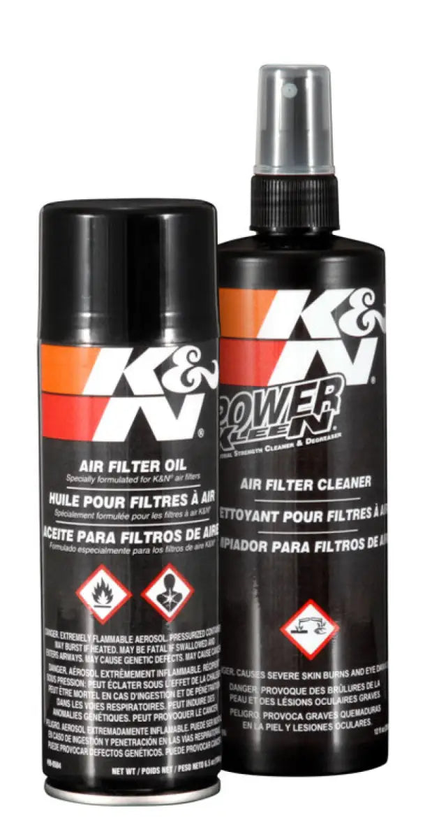 "K&N Aerosol Oil Recharger Service Kit, featuring K&N Power Kleen air filter cleaner and air filter oil for restoring efficiency to K&N oiled cotton air filters."