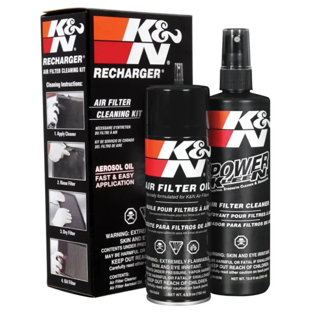 K&N Aerosol Oil Recharger Service Kit for K&N oiled cotton air filters, featuring a 6.5 oz aerosol oil can and a 12 oz Power Kleen air filter cleaner bottle.