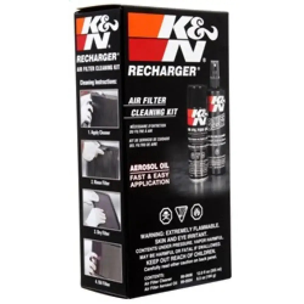 K&N Aerosol Oil Recharger Service Kit for cleaning and recharging K&N air filters, featuring a 6.5 ounce aerosol can of oil and 12 ounce bottle of K&N Power Kleen air filter cleaner.