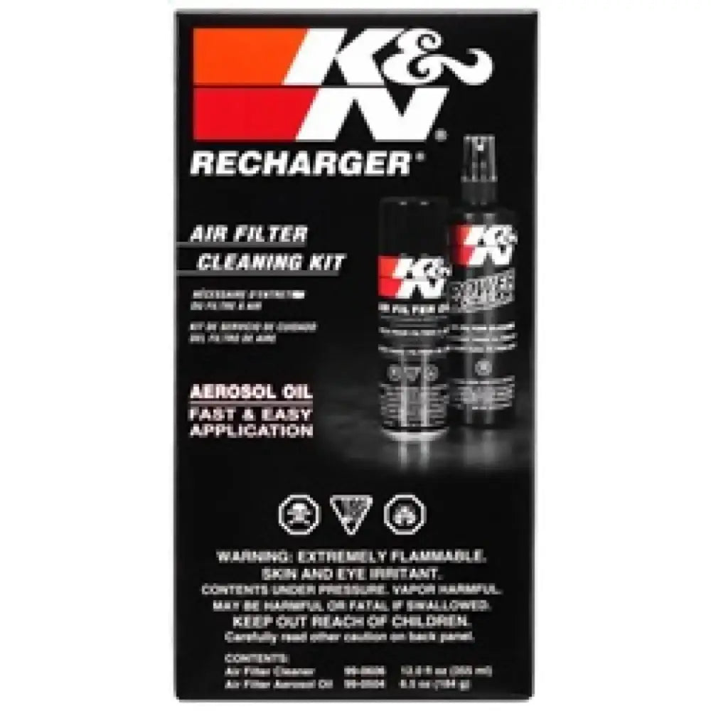 K&N Aerosol Oil Recharger Service Kit, includes air filter cleaner and oil for restoring K&N oiled cotton air filters, ensuring efficient airflow and like-new performance.
