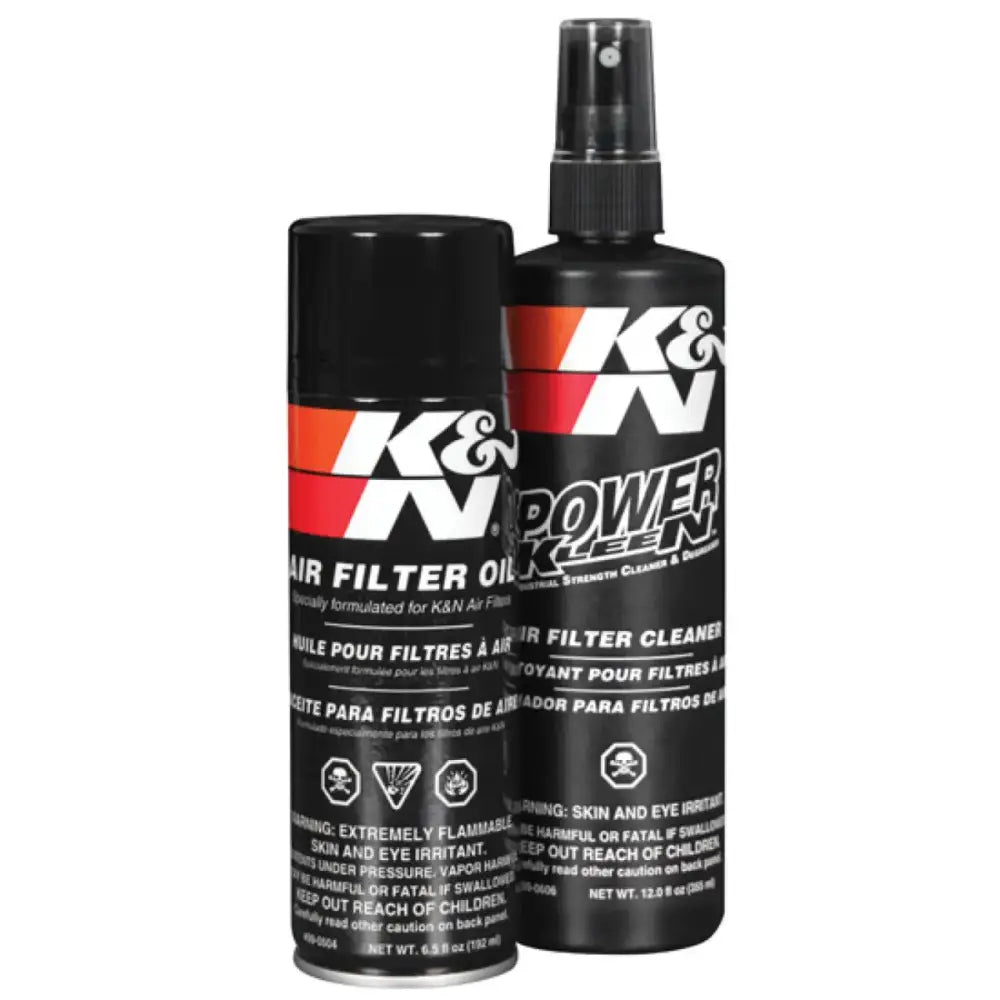 K&N Aerosol Oil Recharger Service Kit including 6.5 oz air filter oil can and 12 oz Power Kleen air filter cleaner for K&N oiled cotton air filters.