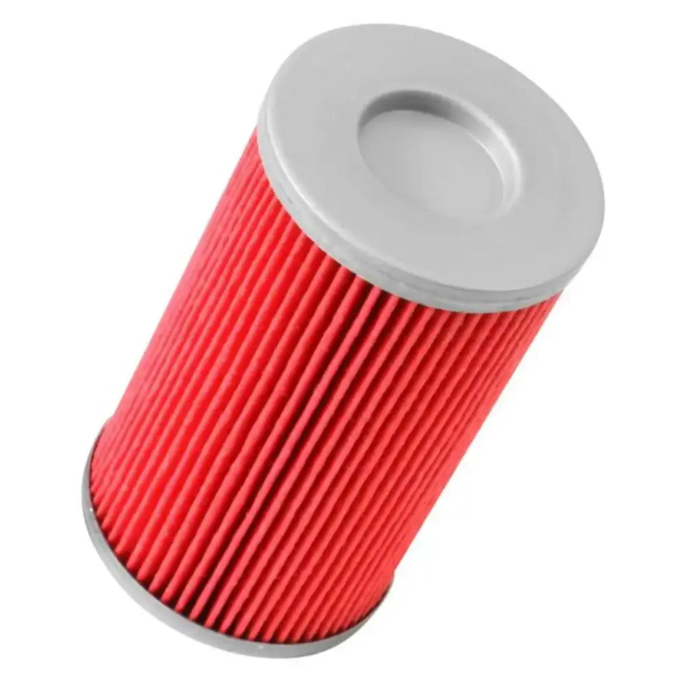 Red pleated oil filter with gray end caps.