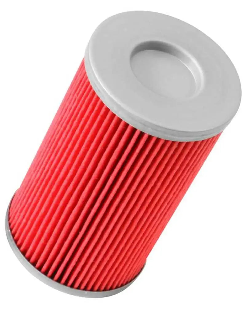 Red pleated oil filter with gray end caps.