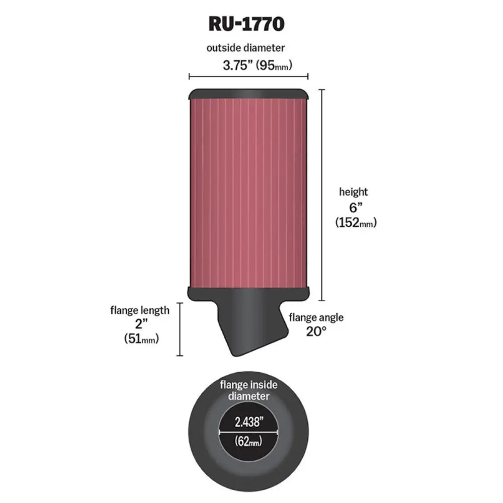 K&N Engineering RU-1770 K&N Filter Universal Rubber Filter 2 7/16 inch 20 Degree Flange 3 3/4 inch OD 6 inch Height