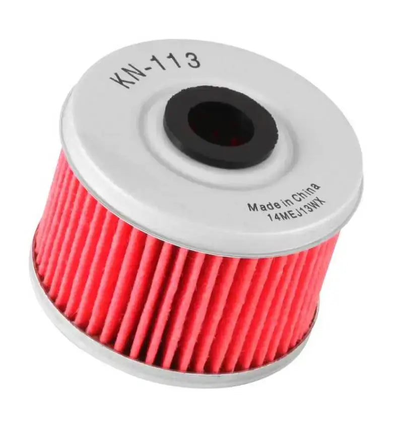 Red and white K&N oil filter for Honda with 2.031in OD x 1.469in H size
