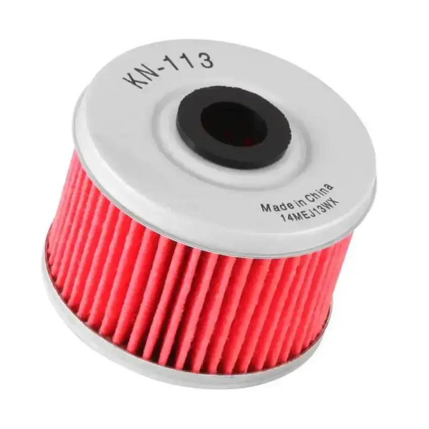 Red and white K&N oil filter for Honda with 2.031in OD x 1.469in H size