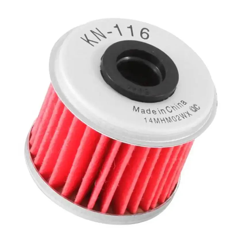 Red and white K&N oil filter for Honda Husqvarna with 1.625in OD x .438in ID