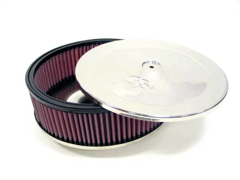 K&N flame arrestor with round air filter and shiny chrome lid for marine use