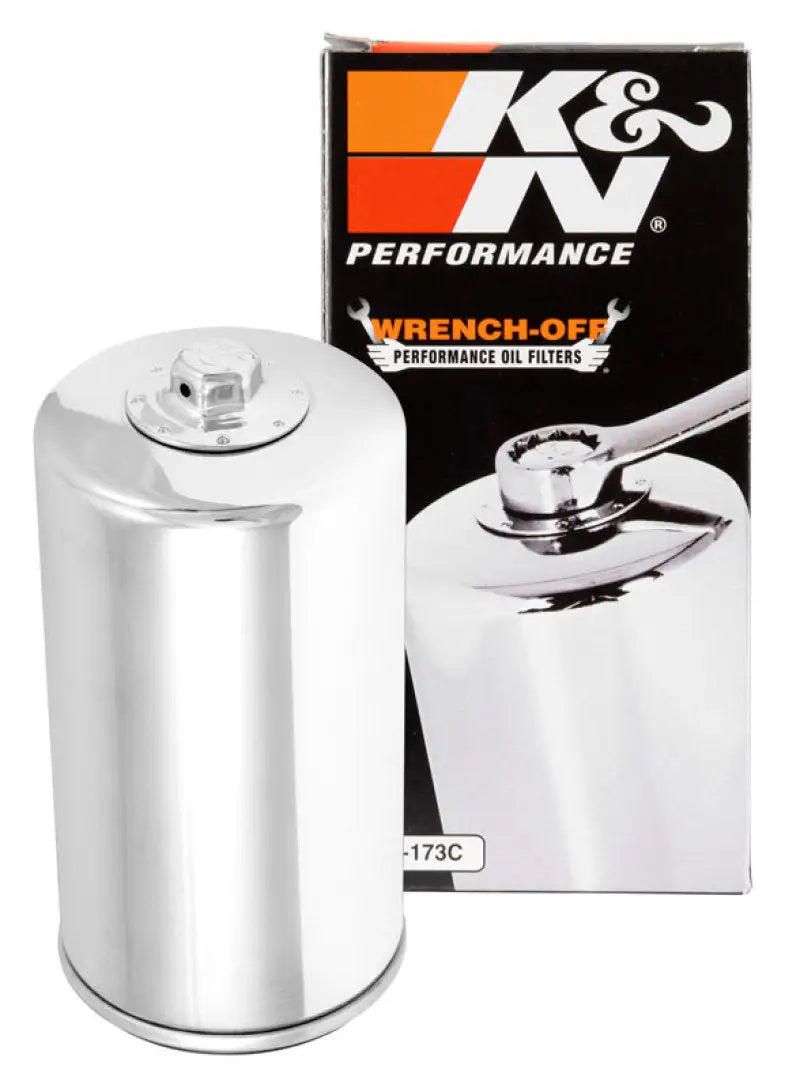 Chrome oil filter with wrench-off design for K&N oil filter on Harley Davidson bikes