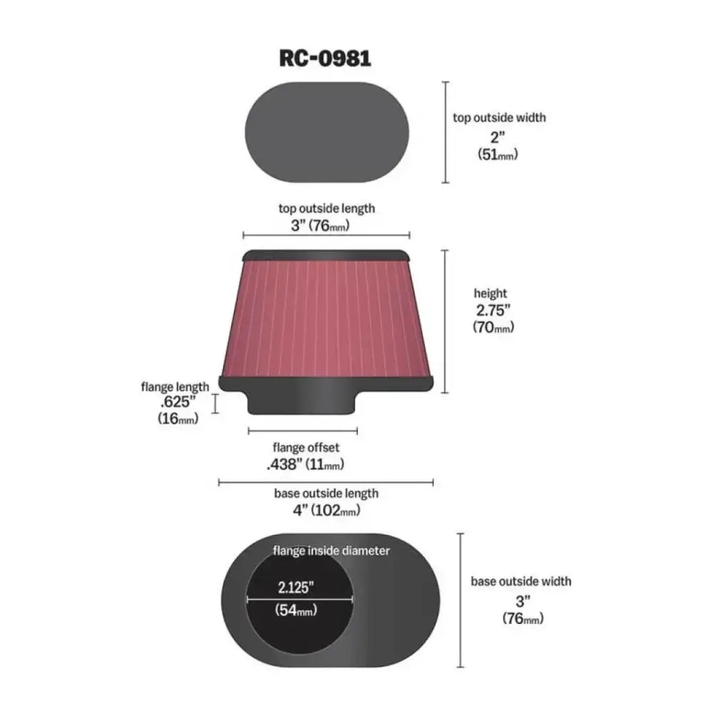 Red K&N Uni Chrome Oval Tapered Filter with detailed dimensions for optimal fit