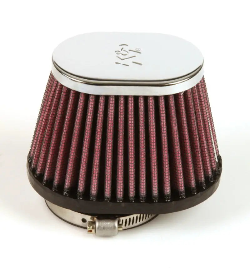 Red cone-shaped uni chrome oval tapered air filter with chrome top and metal clamp