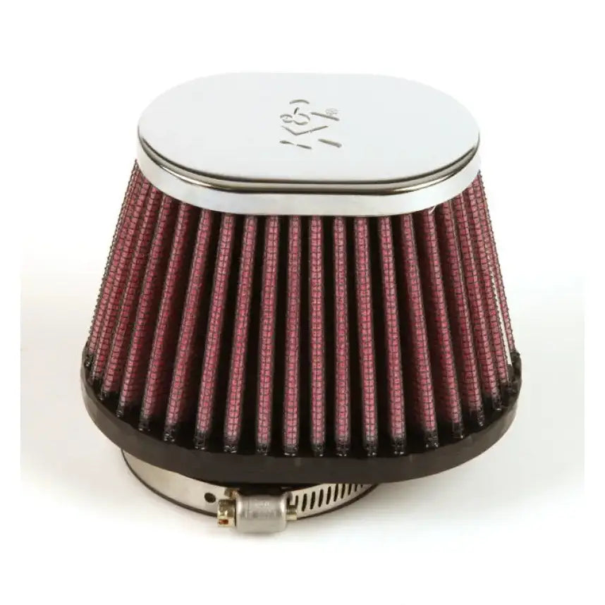 Red cone-shaped uni chrome oval tapered air filter with chrome top and metal clamp