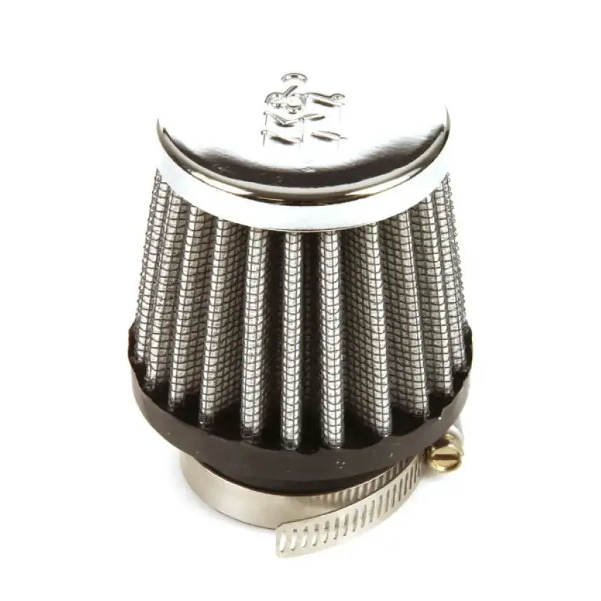 Chrome-topped cylindrical air filter with metal mesh, perfect as a universal chrome filter