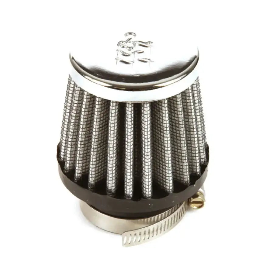 Chrome-topped cylindrical air filter with metal mesh, ideal as a universal chrome filter