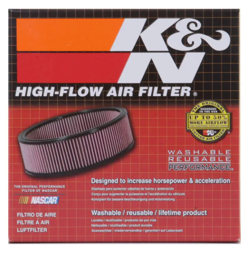 K&N universal oval chrome high-flow air filter in retail packaging for easy install