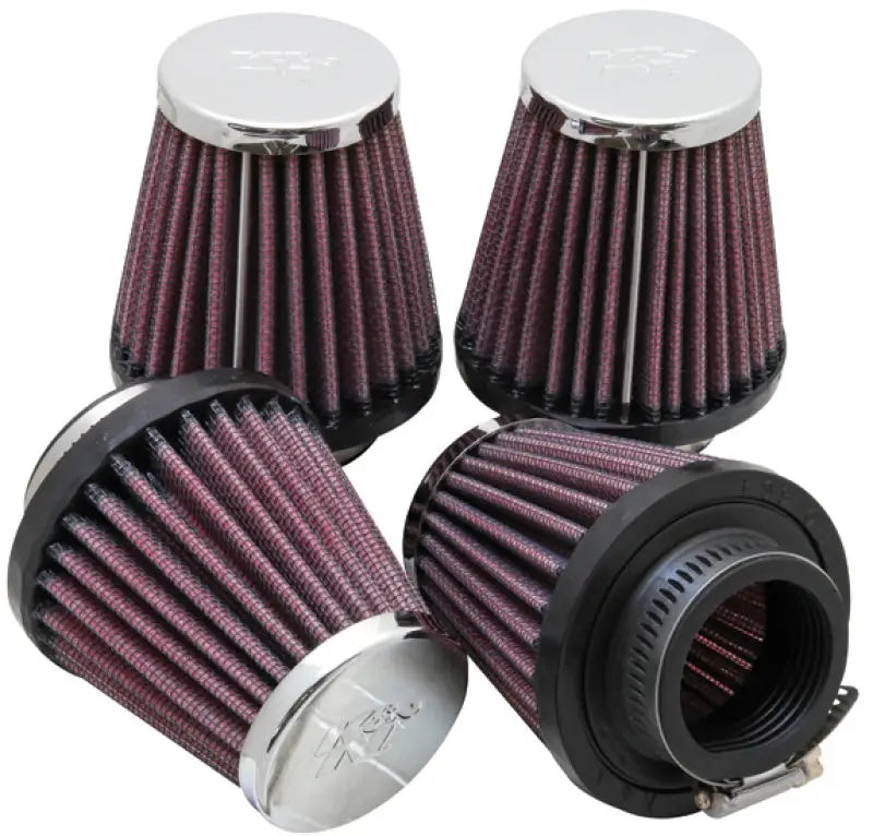Four red-pleated K&N universal oval chrome air filters with chrome end caps