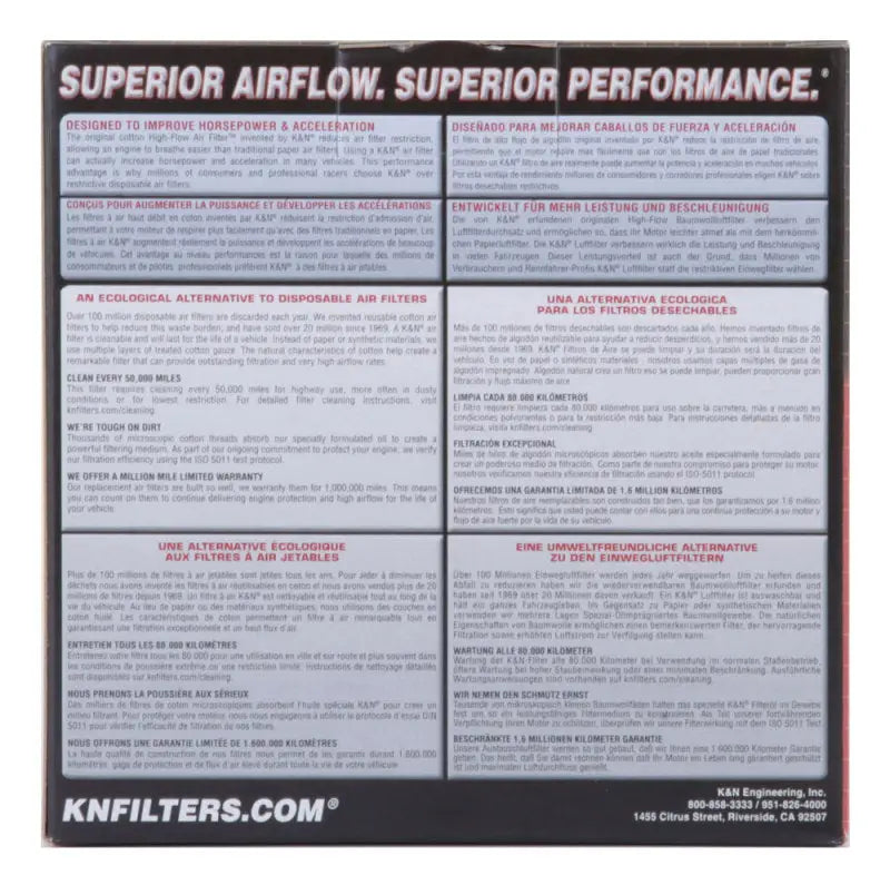Product packaging for K&N universal oval chrome air filter with flange and base size