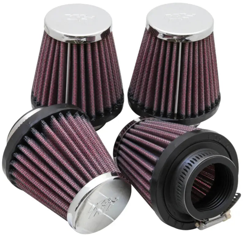 Four K&N universal oval chrome air filters with pleated design and black rubber bases