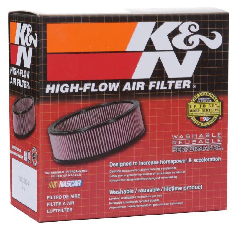 K&N universal oval chrome high-flow air filter in retail packaging for easy install