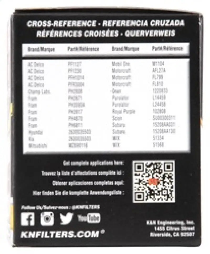 Oil filter cross-reference chart for K&N Universal Performance Gold Oil Filter