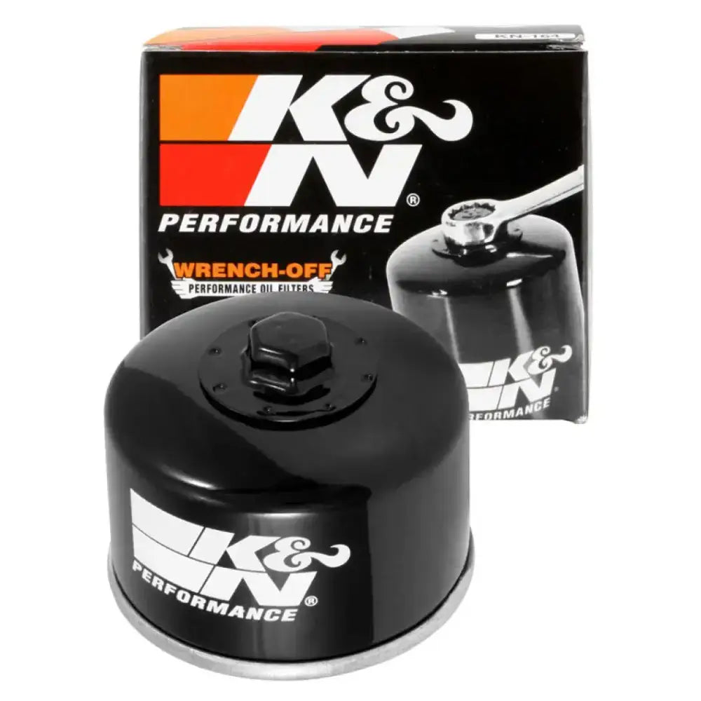 Black K&N performance oil filter for Yamaha or Kymco, 2.813in OD x 2.469in H