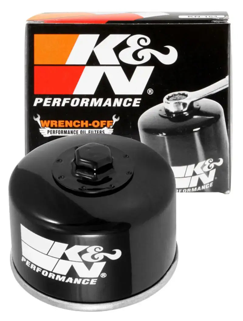 Black K&N performance oil filter for Yamaha or Kymco, 2.813in OD x 2.469in H