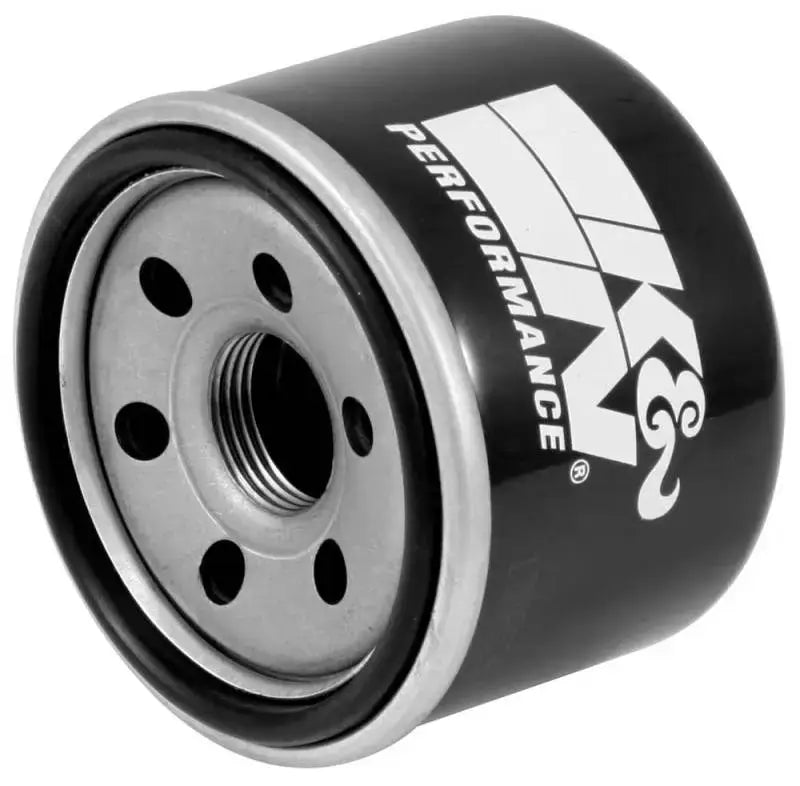 Black and silver K&N Yamaha oil filter with 2.813in OD x 2.469in H size