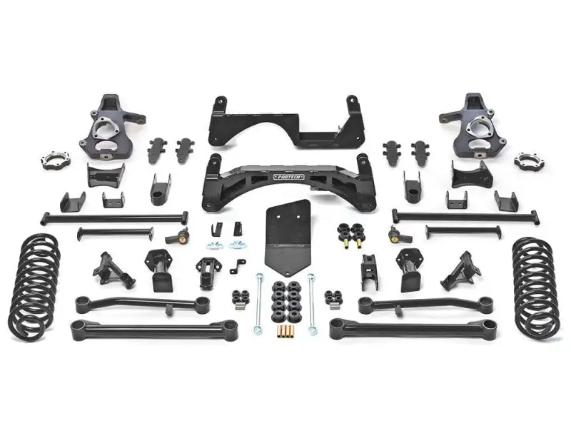 K1018 Fabtech Lift Kit Suspension components showcasing robust construction for improved vehicle performance, enhanced ground clearance, and aggressive styling.