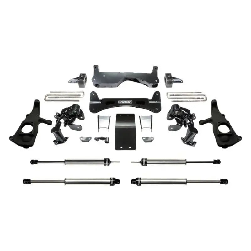 K1051DL Fabtech Lift Kit Suspension components, designed for increased ground clearance and improved handling, featuring high-quality construction for off-road performance.