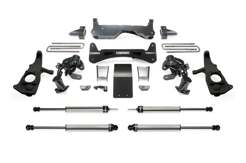 K1051DL Fabtech Lift Kit Suspension components arranged on a white background showcasing high-quality construction and precision design.