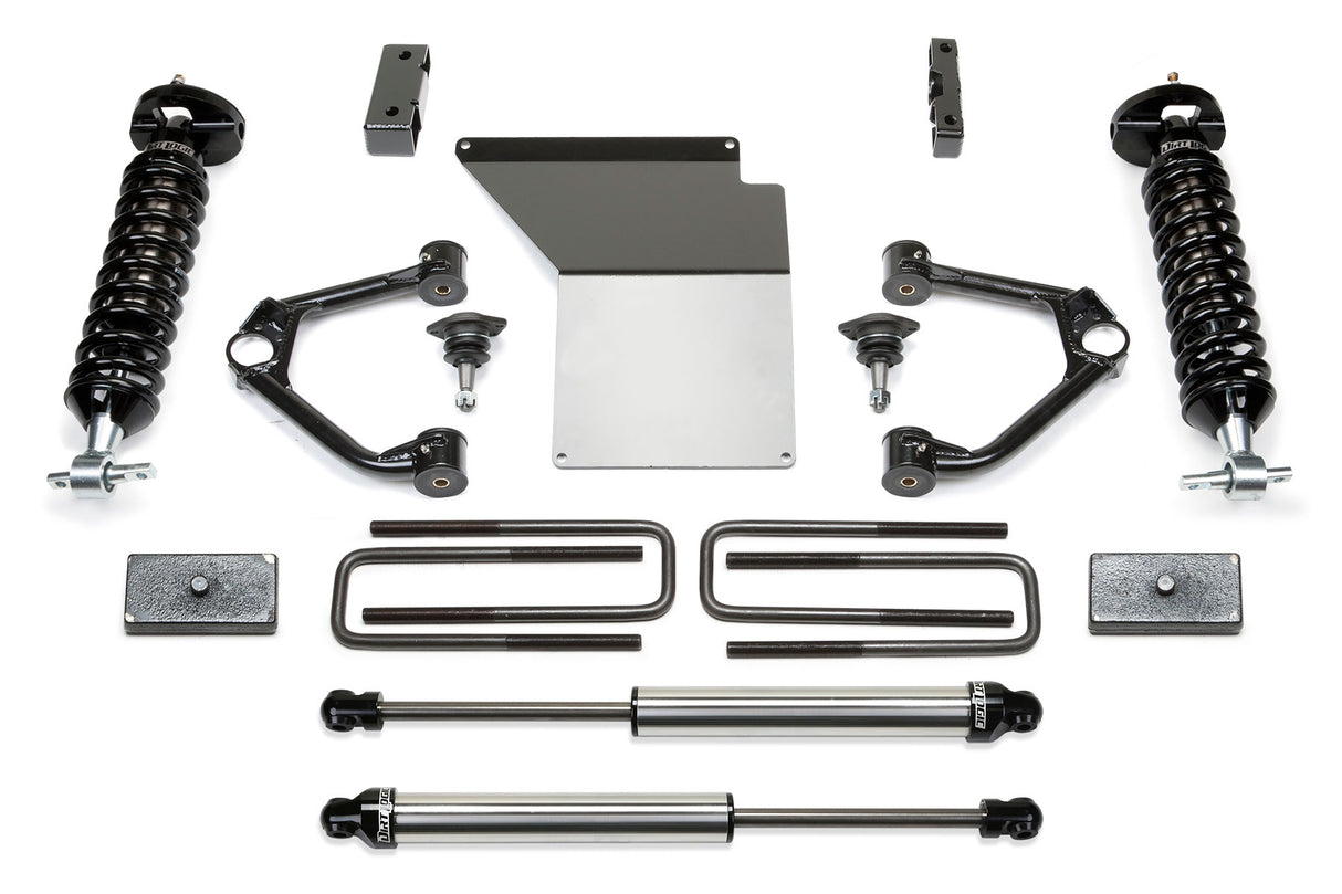 K1070DL Fabtech Lift Kit Suspension components, enhancing off-road capabilities and providing significant lift for improved ground clearance and vehicle performance.