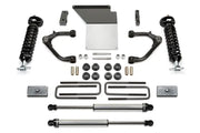 Fabtech K1071DL Lift Kit Suspension components including shock absorbers, control arms, bolts, and brackets designed for enhanced ground clearance and off-road performance.