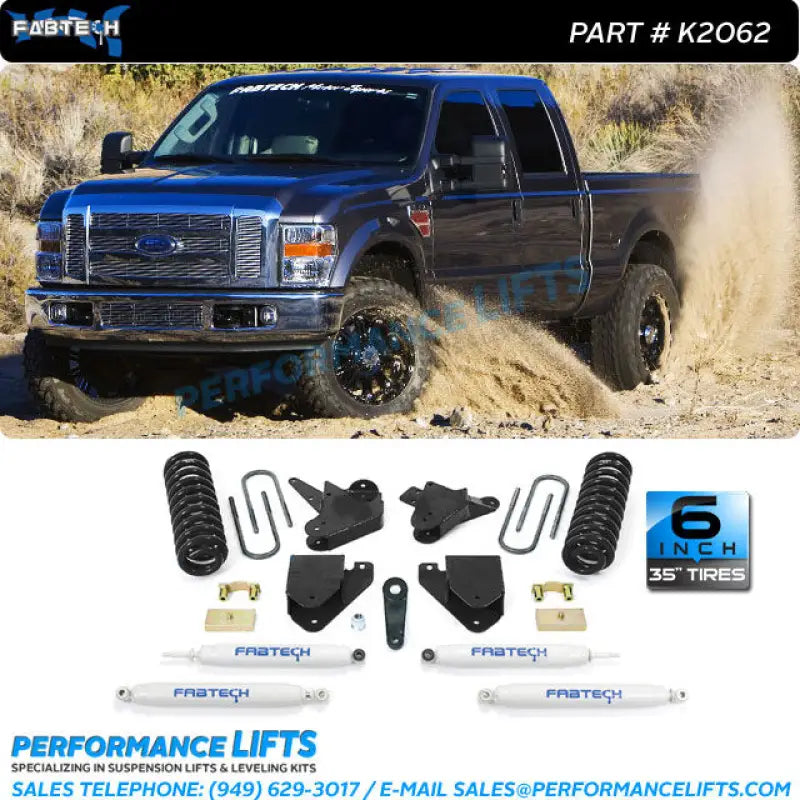 K2062 Fabtech Lift Kit Suspension for enhanced ground clearance and off-road performance, designed for 35" tires - shown on black truck in off-road setting.