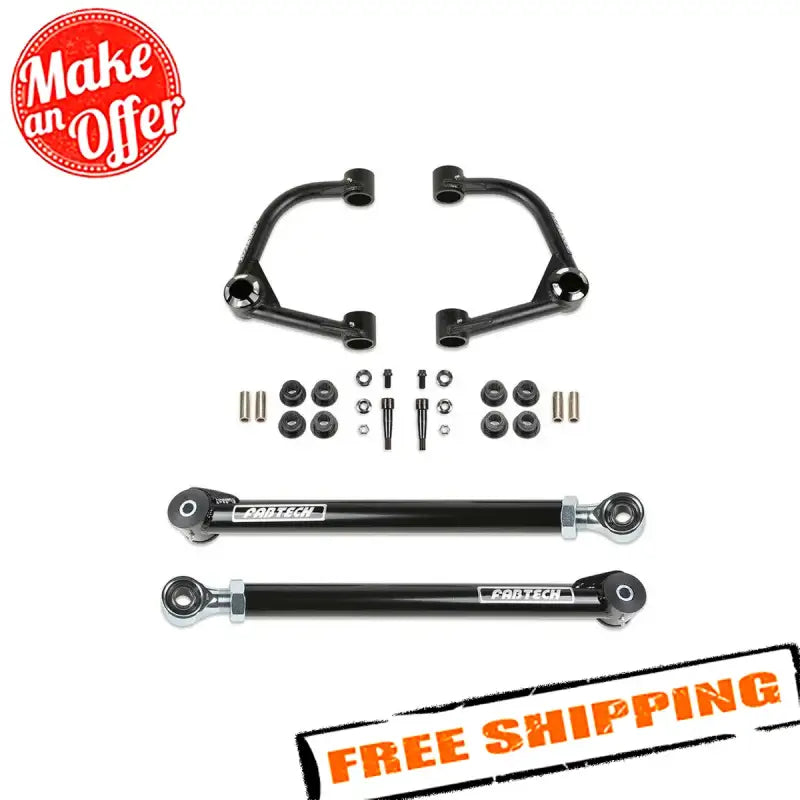 K2382 Fabtech 3' UCA Kit with Uniballs & Lower Link Kit, enhancing off-road vehicle performance, durability, and control, featuring free shipping offer.