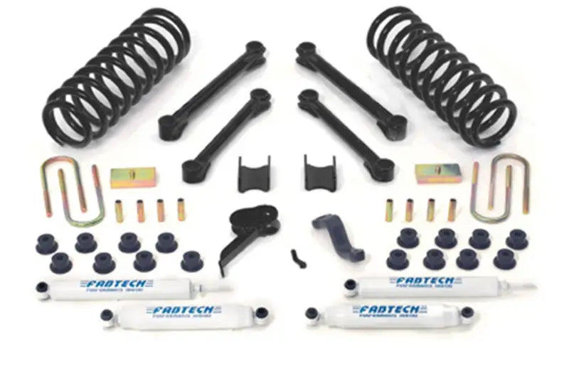 K3037 Fabtech Lift Kit Suspension components including springs, shocks, control arms, and installation hardware for enhanced off-road performance.