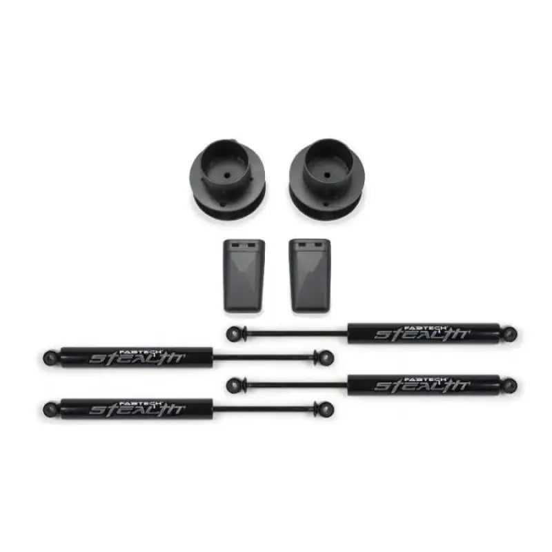 Fabtech K3056M Leveling Kit Suspension components for leveling vehicle front and rear, enhancing performance and appearance.