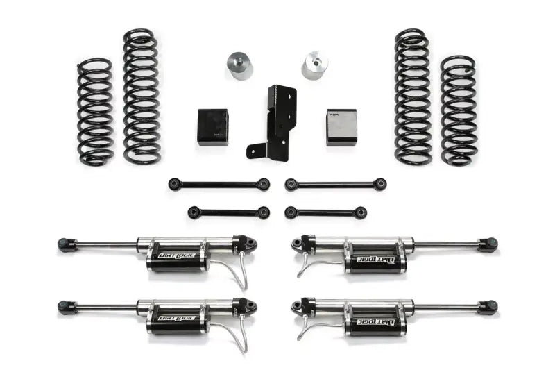 K4108DL Fabtech Lift Kit Suspension, featuring enhanced ground clearance, improved suspension articulation, durable construction, and easy installation parts set.