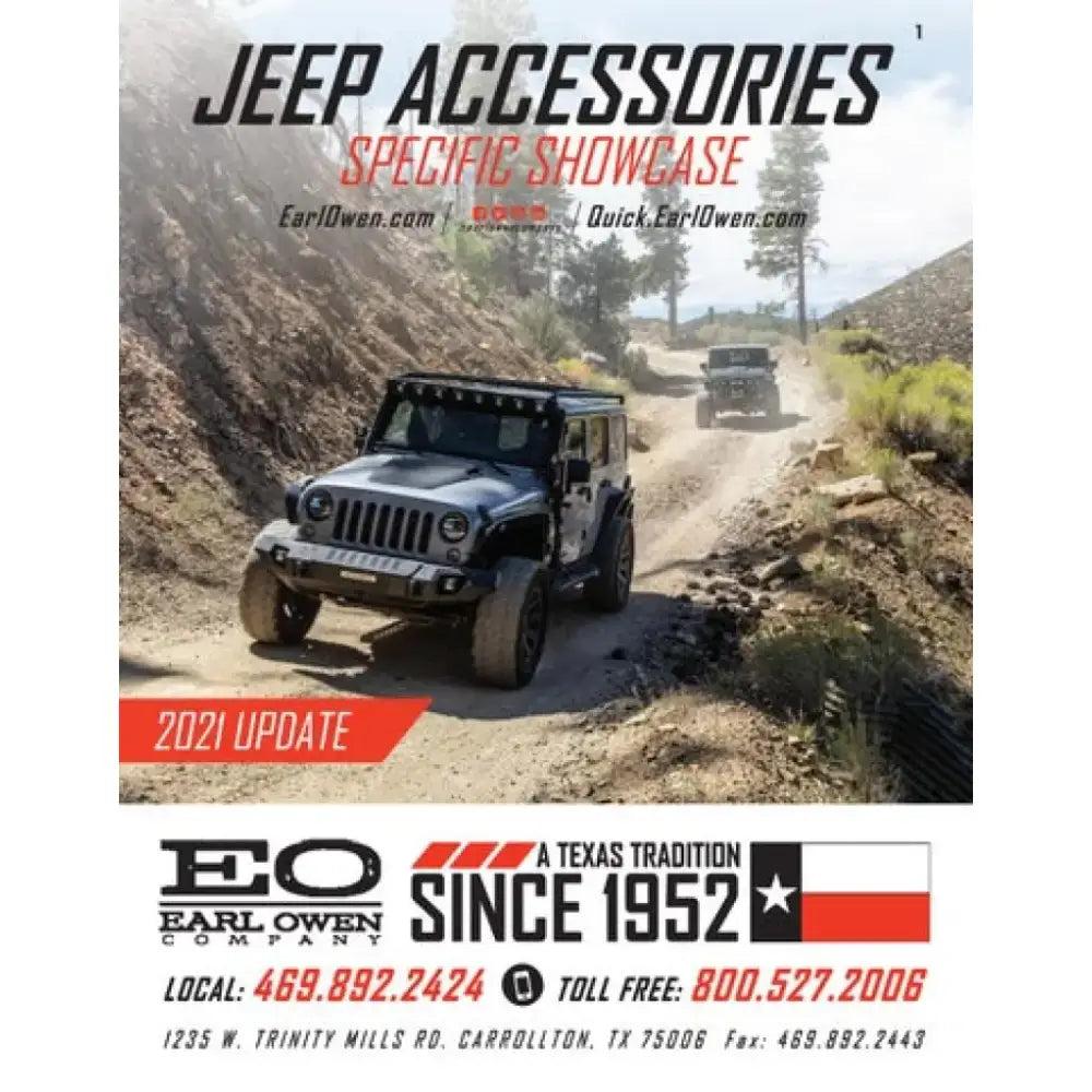Jeep Wrangler driving off-road on rugged terrain with another Jeep in the distance, advertisement for Earl Owen Company featuring Jeep accessories.