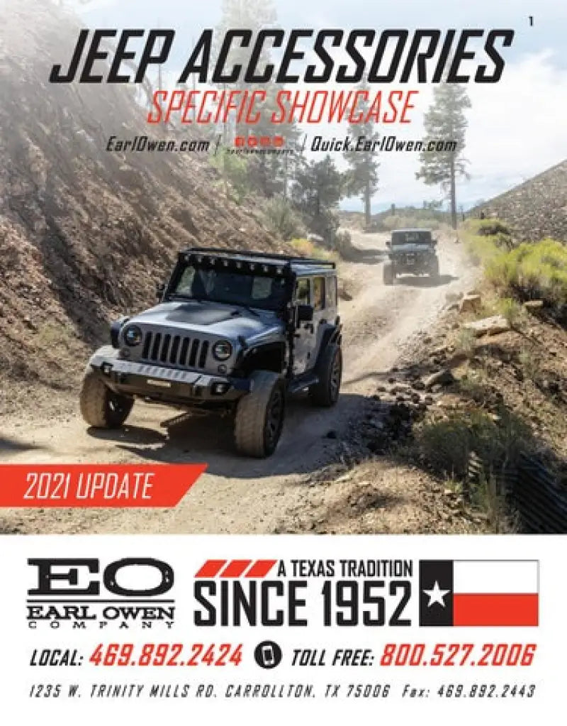 Jeep Wrangler driving off-road on rugged terrain with another Jeep in the distance, advertisement for Earl Owen Company featuring Jeep accessories.
