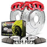 K5805-36 Powerstop Truck And Tow Brake Kit, showcasing red calipers, drilled & slotted rotors, and carbon-fiber ceramic brake pads, designed for enhanced braking in heavy-duty towing applications.