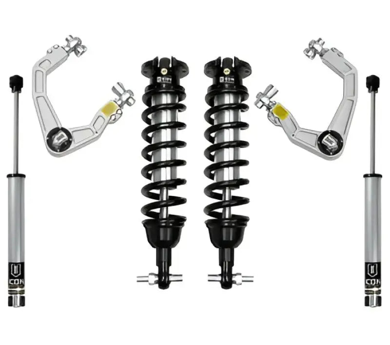 K93202 Icon leveling kit with 2-inch lift, adjustable coilover shocks, silver Bilstein brackets