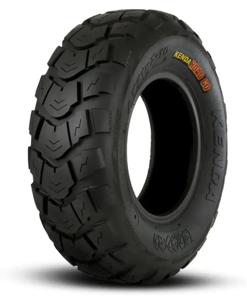 Black motorcycle tire from Kenda K572 Road series, perfect for the Kenda K572 front tires