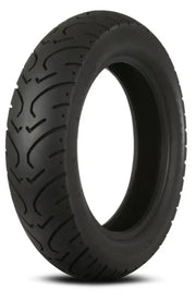 Black motorcycle tire with tread featuring Kenda K657 Challenger rear tire design
