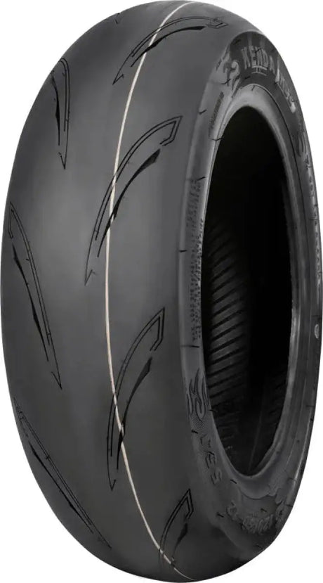 Motorcycle tire with angled tread showcasing Kenda KD2 Kwick rear tire design